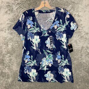 St Johns Bay Women Floral Nautical Coastal Resort Short Sleeve V Neck Shirt PL